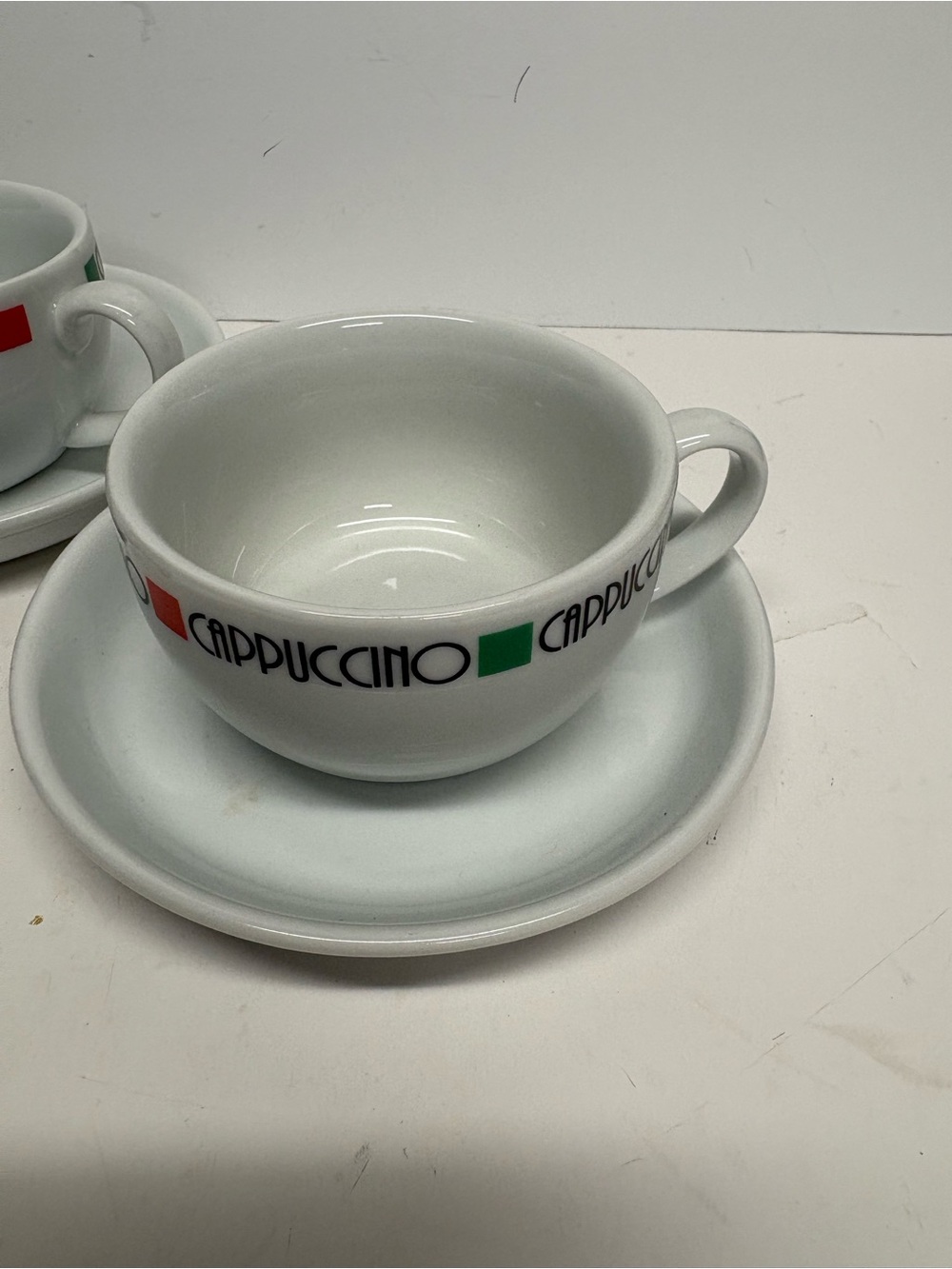 Cappuccino Espresso Cups with Saucers - White with Red & Green Accents Set of 3 - Picture 3 of 12